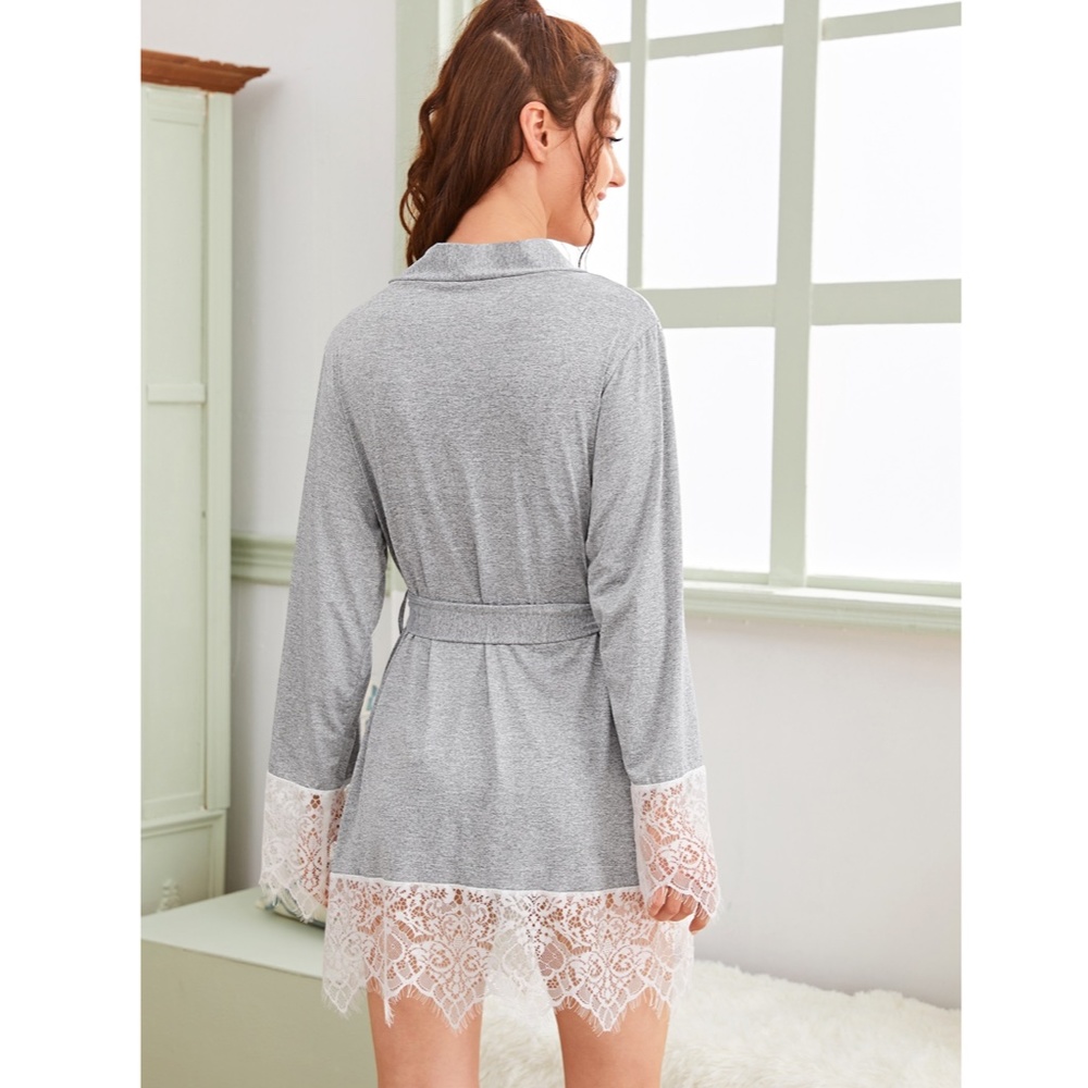 Grey Belted Contrast Lace Short Robe - Picture 3 of 7